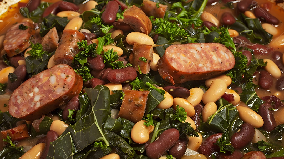 Feijão tropeiro prato tradicional brasileiro feito com feijão couve e linguiça