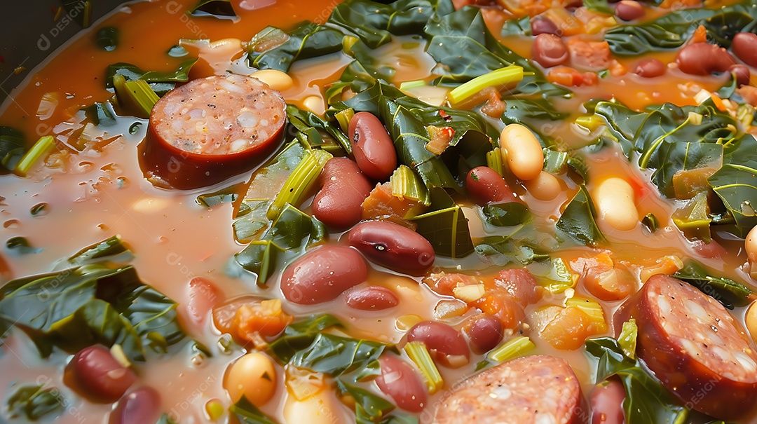Feijão tropeiro prato tradicional brasileiro feito com feijão couve e linguiça