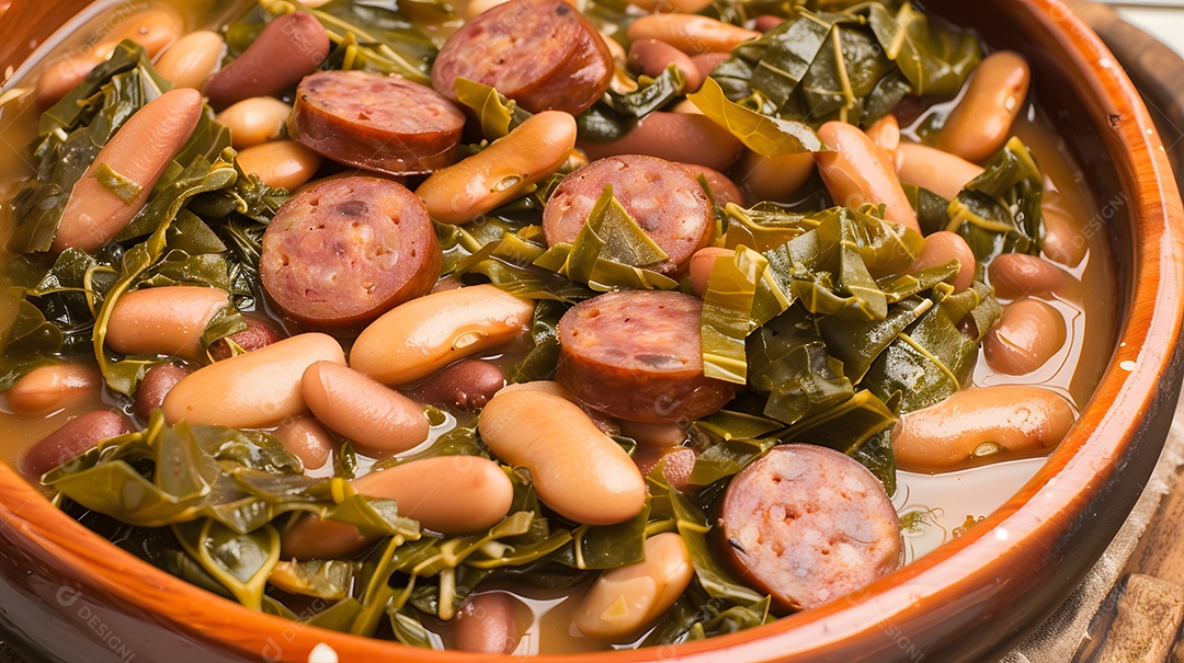 Feijão tropeiro prato tradicional brasileiro feito com feijão couve e linguiça