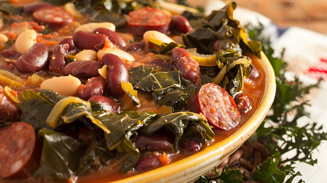 Feijão tropeiro prato tradicional brasileiro feito com feijão couve e linguiça