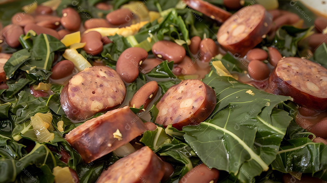 Feijão tropeiro prato tradicional brasileiro feito com feijão couve e linguiça