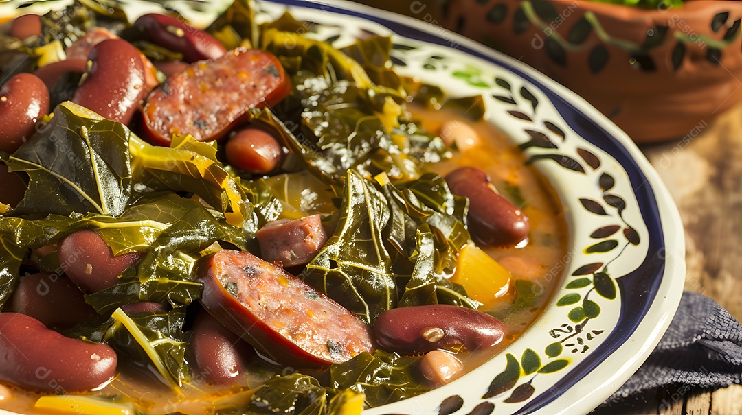Feijão tropeiro prato tradicional brasileiro feito com feijão couve e linguiça