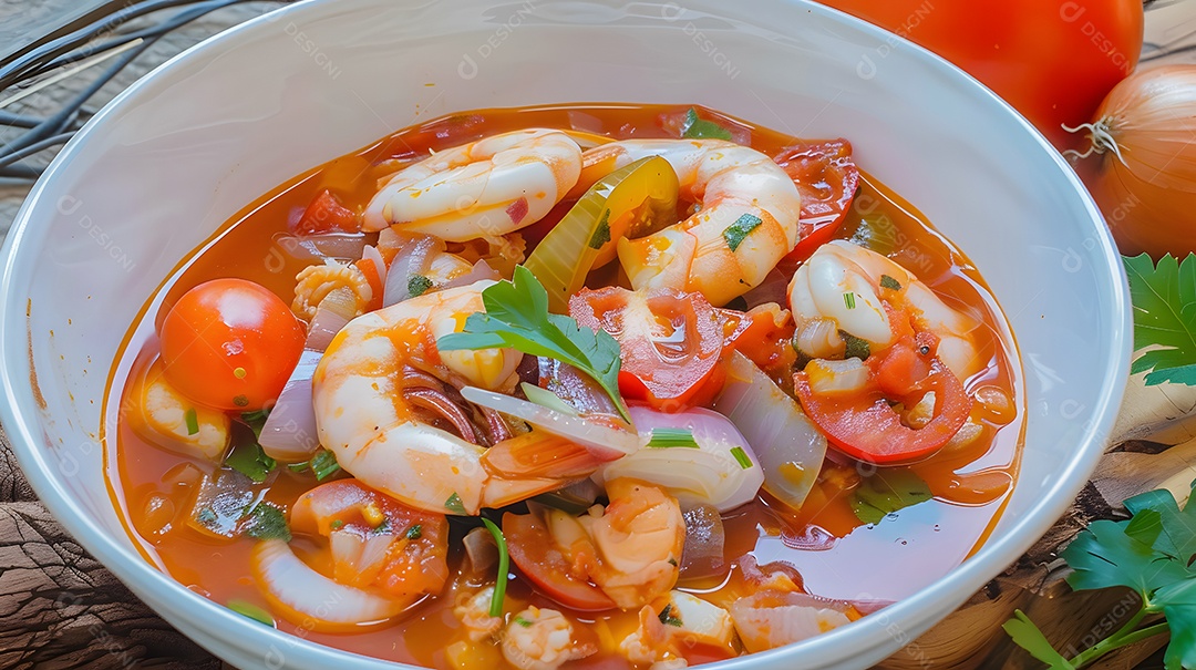 Moqueca capixaba versão de ensopado de frutos do mar feito com tomate e cebola