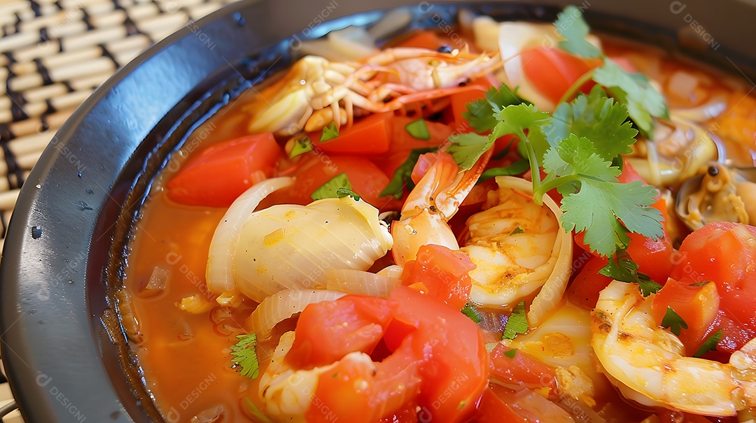 Moqueca capixaba versão de ensopado de frutos do mar feito com tomate e cebola