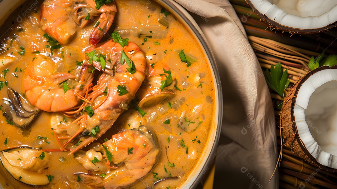 Moqueca capixaba versão de ensopado de frutos do mar feito com tomate e cebola