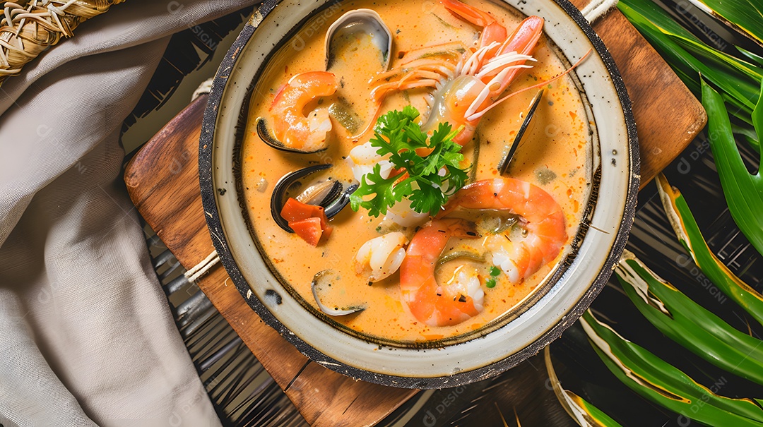 Moqueca um ensopado de frutos do mar feito com leite de coco e óleo de palma