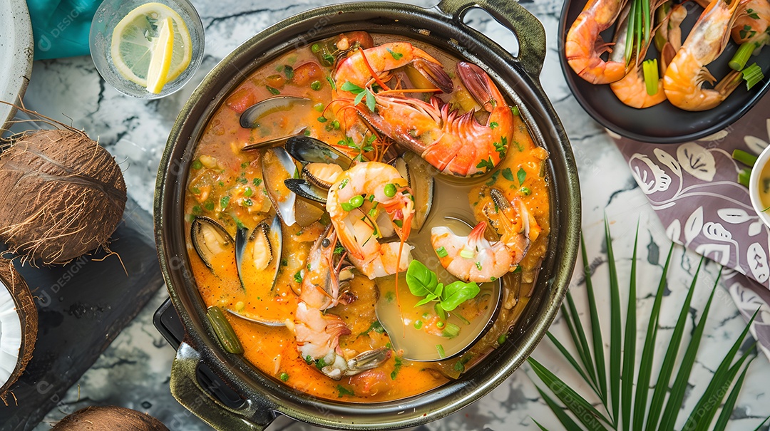 Moqueca um ensopado de frutos do mar feito com leite de coco e óleo de palma