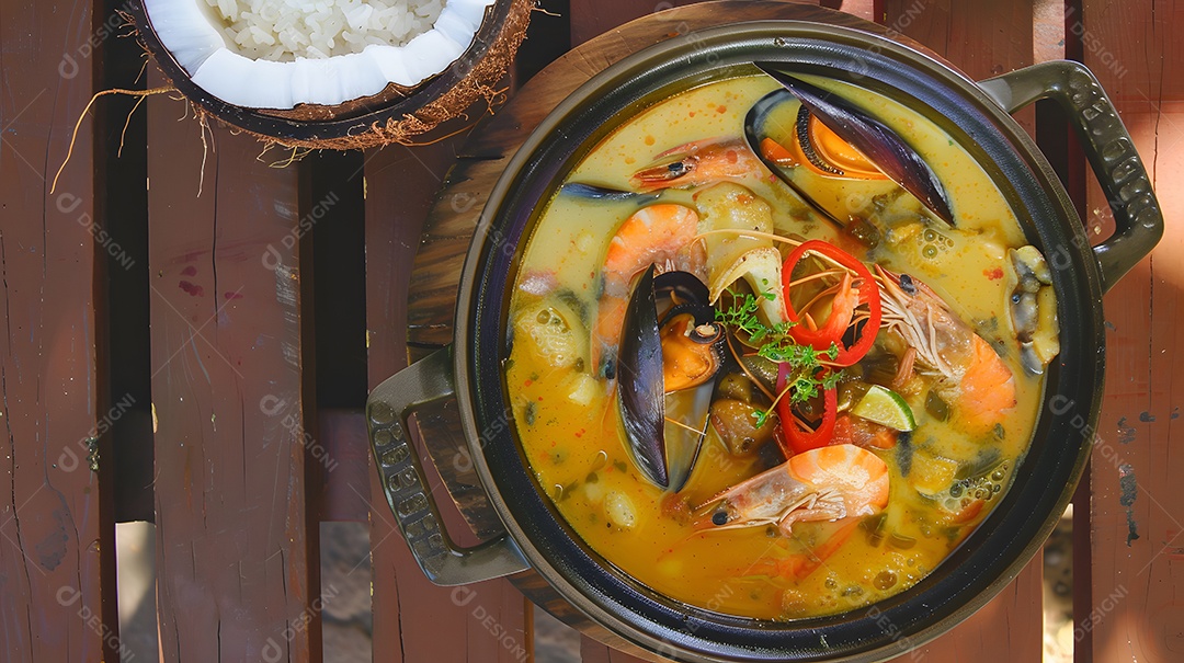 Moqueca um ensopado de frutos do mar feito com leite de coco e óleo de palma