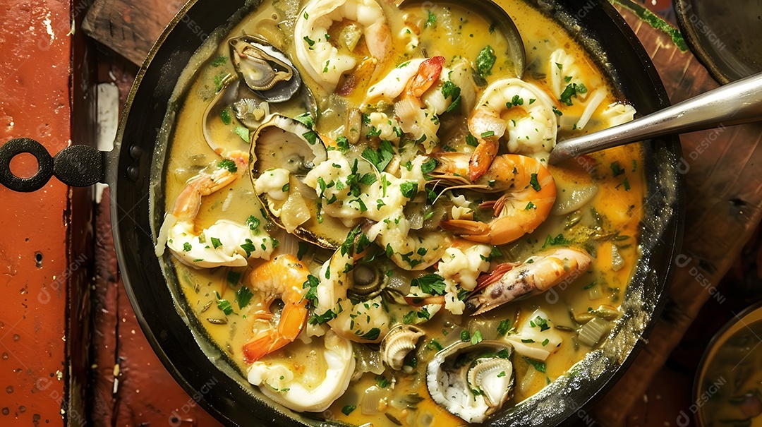 Moqueca um ensopado de frutos do mar feito com leite de coco e óleo de palma