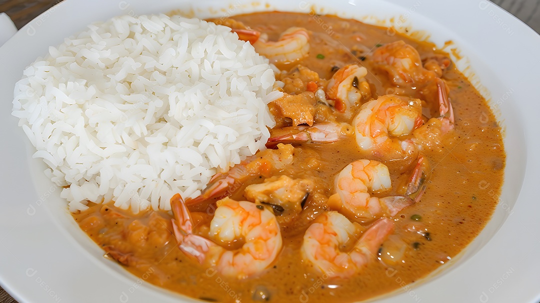 Vatapa um ensopado picante de camarão e leite de coco servido com arroz branco
