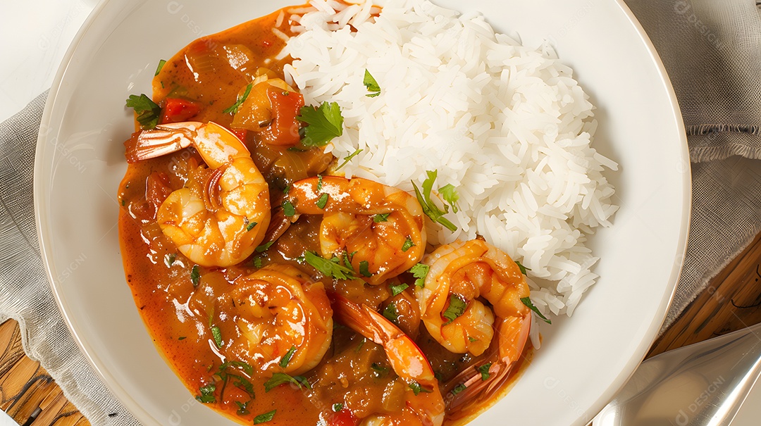 Vatapa um ensopado picante de camarão e leite de coco servido com arroz branco