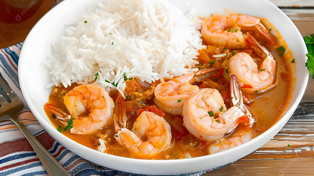 Vatapa um ensopado picante de camarão e leite de coco servido com arroz branco