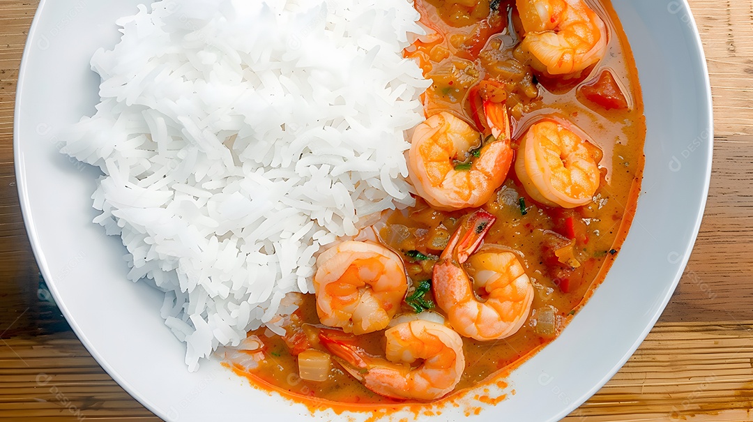 Vatapa um ensopado picante de camarão e leite de coco servido com arroz branco