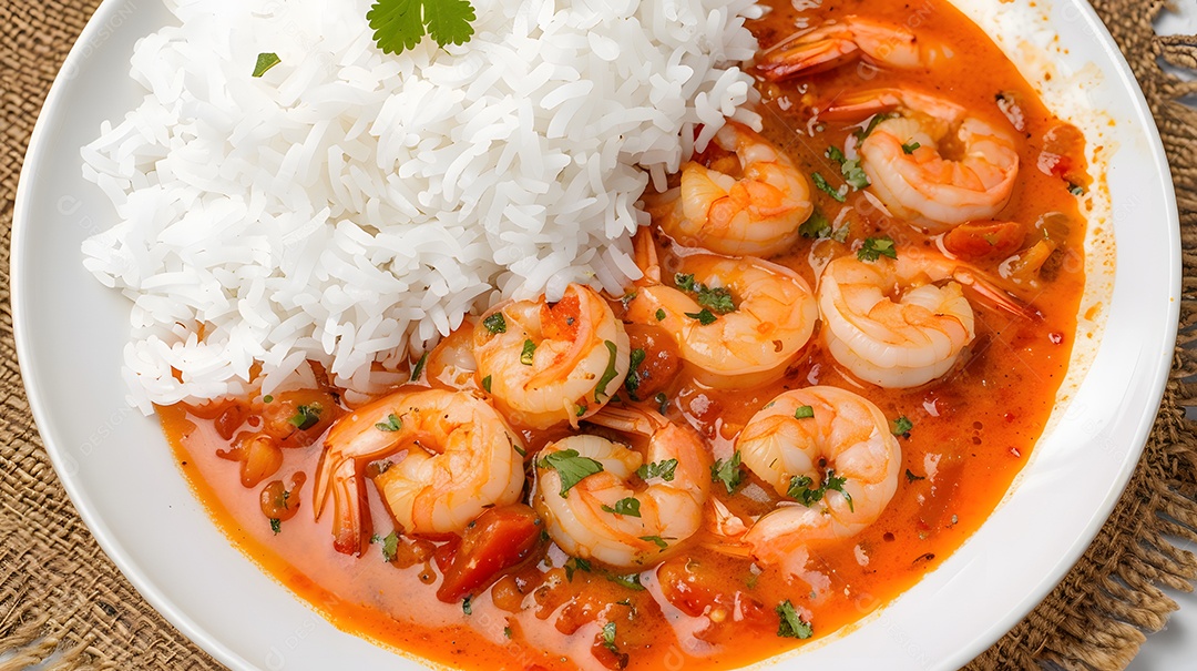 Vatapa um ensopado picante de camarão e leite de coco servido com arroz branco