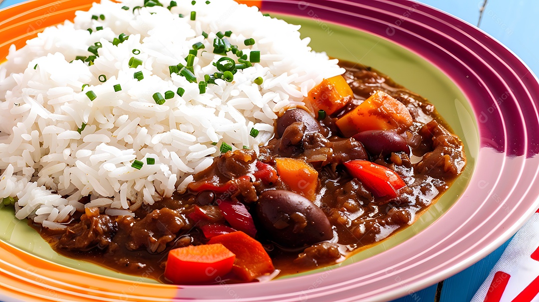 Um prato colorido de feijoada com arroz branco fofinho
