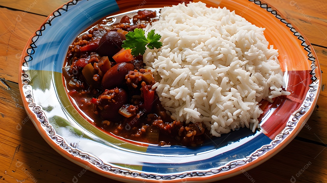 Um prato colorido de feijoada com arroz branco fofinho