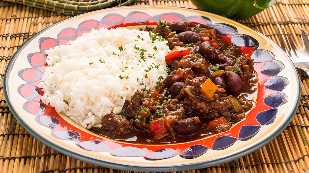 Um prato colorido de feijoada com arroz branco fofinho
