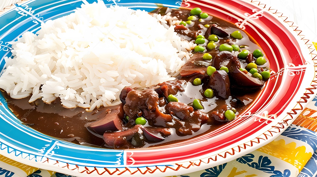 Um prato colorido de feijoada com arroz branco fofinho
