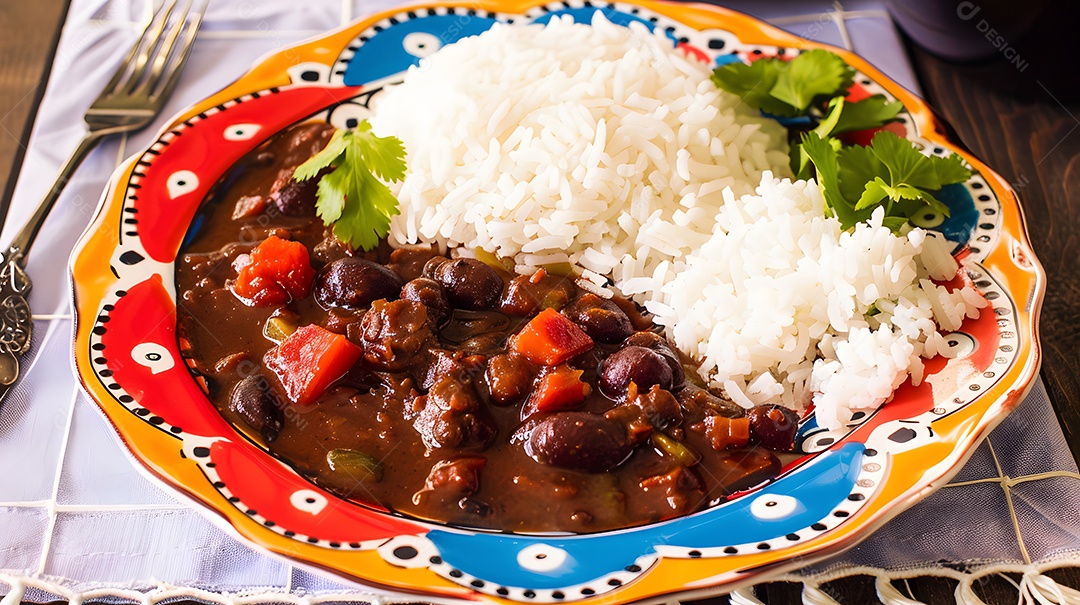 Um prato colorido de feijoada com arroz branco fofinho