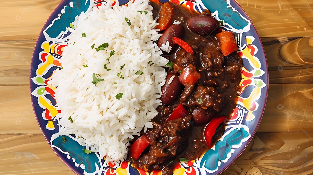 Um prato colorido de feijoada com arroz branco fofinho