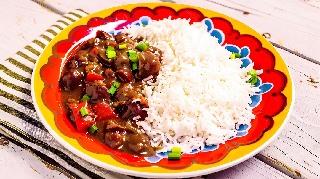 Um prato colorido de feijoada com arroz branco fofinho