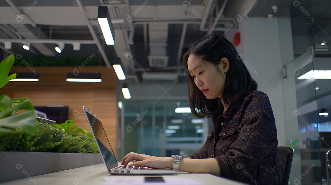 Uma determinada mulher asiática em um escritório digitando em seu laptop