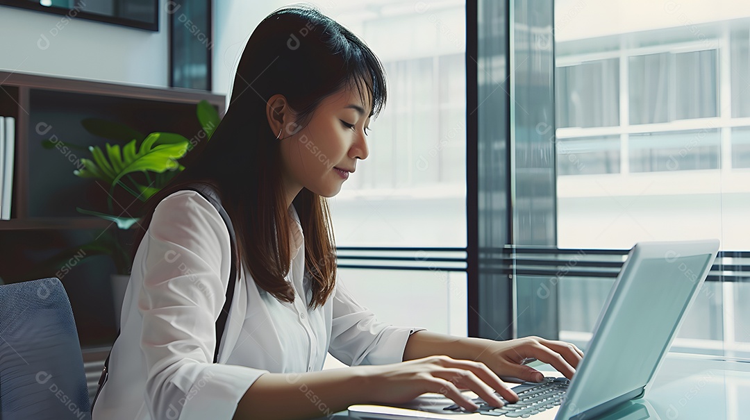 Uma determinada mulher asiática em um escritório digitando em seu laptop