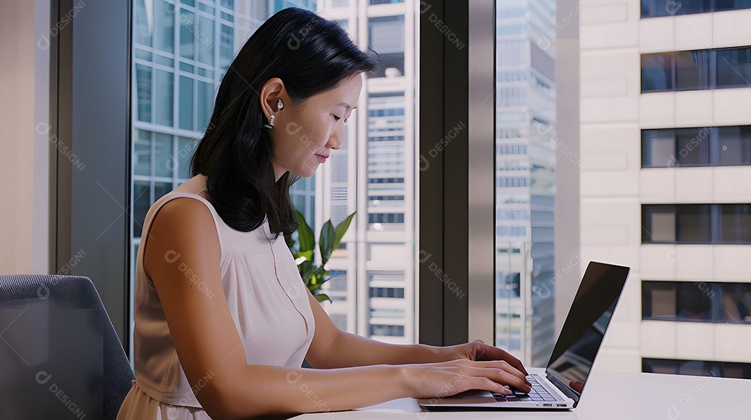 Uma determinada mulher asiática em um escritório digitando em seu laptop