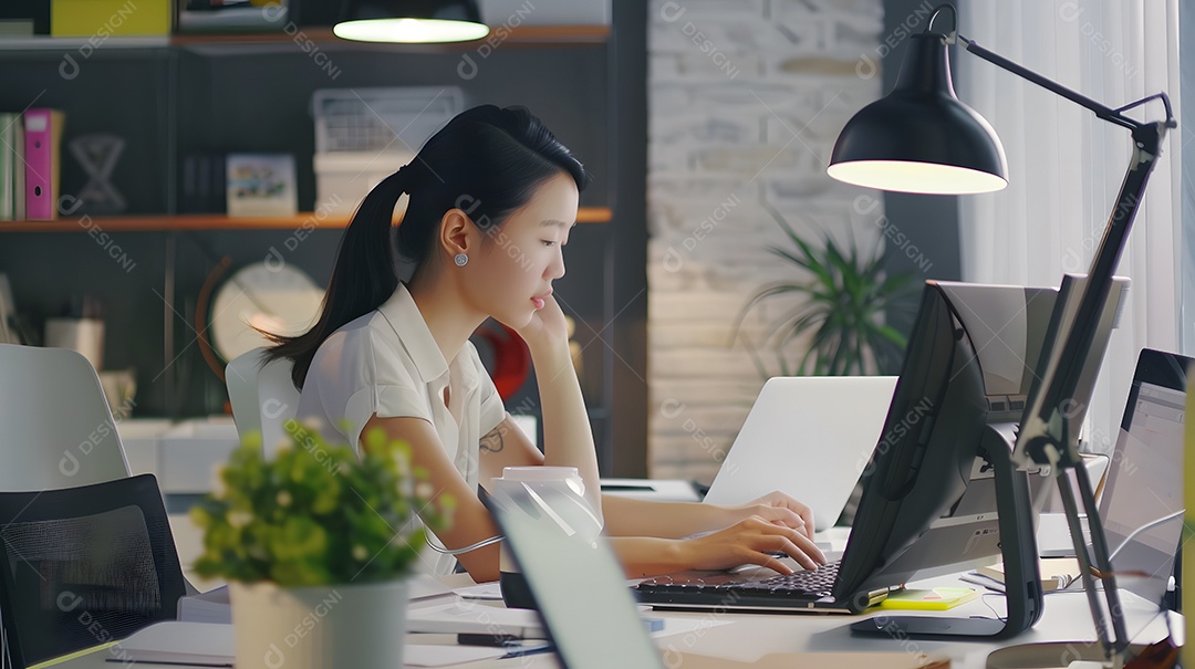Trabalho profissional moderno com uma elegante mulher asiática absorta em seu trabalho