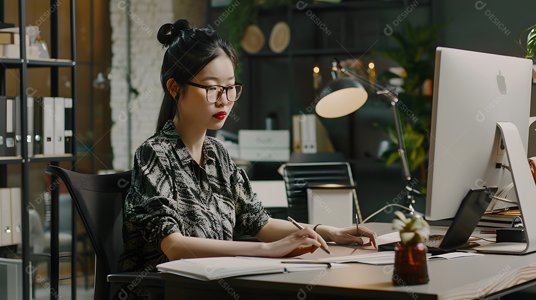 Trabalho profissional moderno com uma elegante mulher asiática absorta em seu trabalho