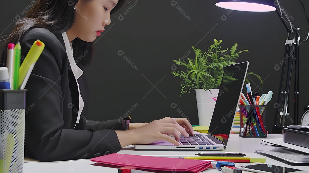 Uma sofisticada empresária asiática digitando em um laptop cercada por material de escritório