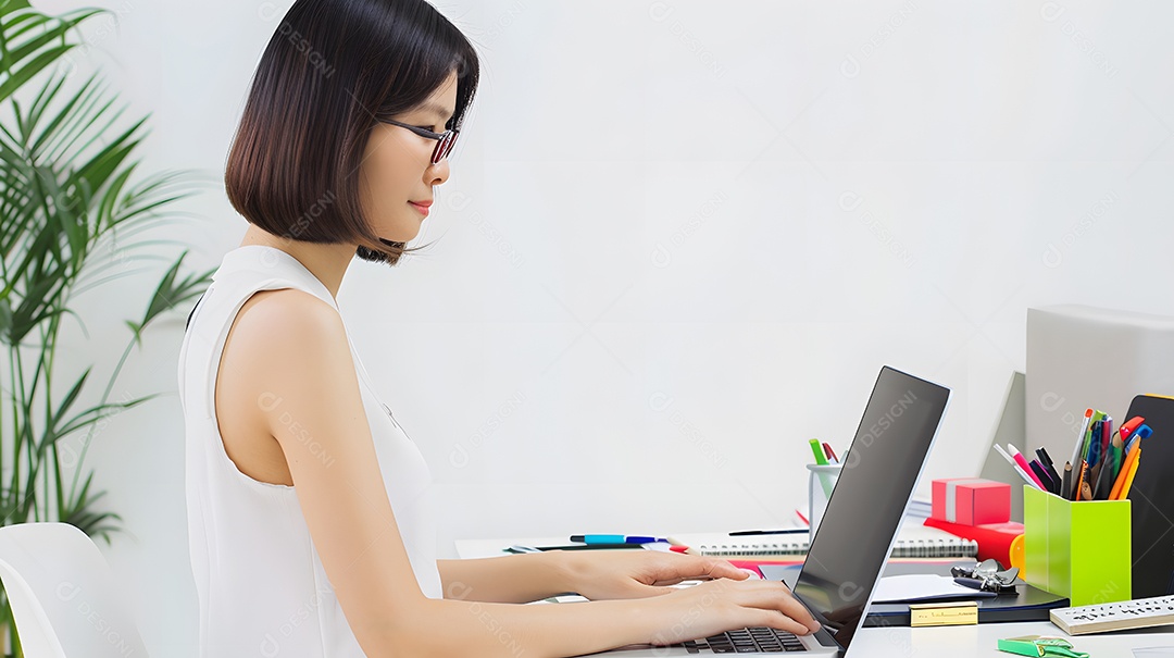 Uma sofisticada empresária asiática digitando em um laptop cercada por material de escritório