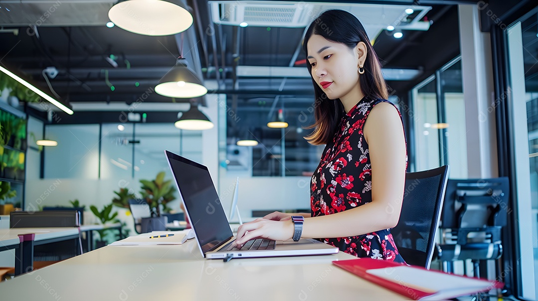 Uma profissional asiática em traje de negócios demonstra sua dedicação ao trabalho