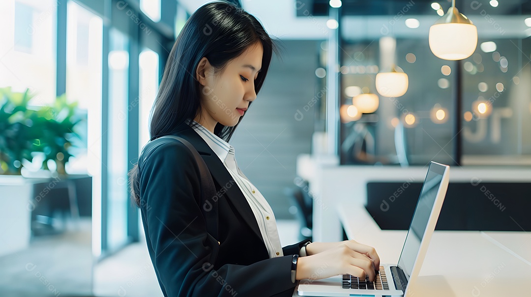 Uma profissional asiática em traje de negócios demonstra sua dedicação ao trabalho