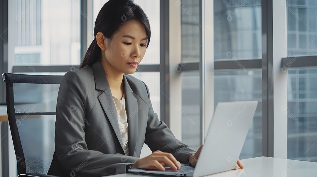 Uma profissional asiática em traje de negócios demonstra sua dedicação ao trabalho
