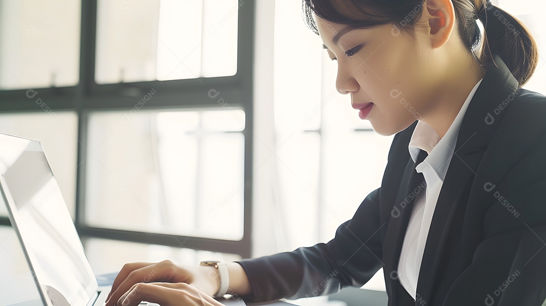 Uma profissional asiática em traje de negócios demonstra sua dedicação ao trabalho