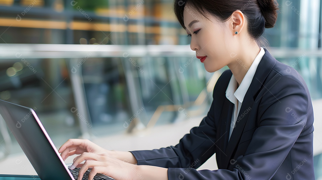 Uma profissional asiática em traje de negócios demonstra sua dedicação ao trabalho