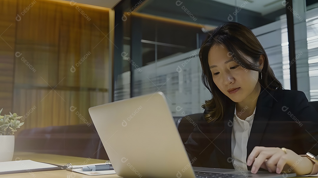 Um ambiente de escritório elegante com uma empresária asiática focada trabalhando