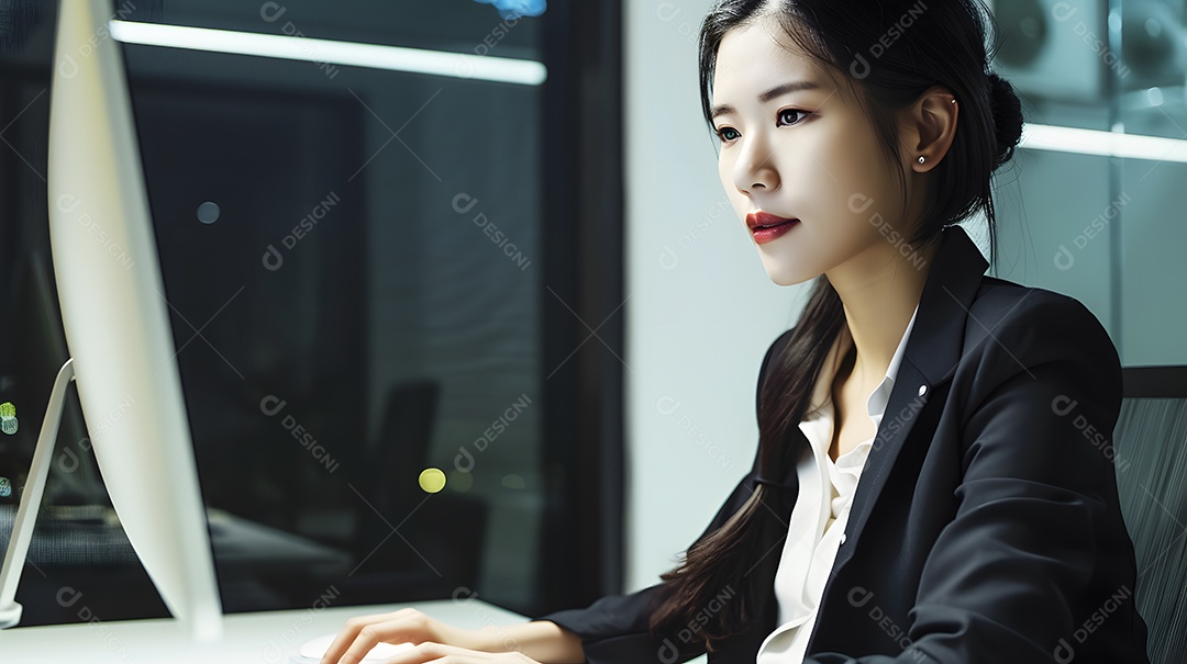 Uma empresária asiática chique com uma expressão séria trabalhando