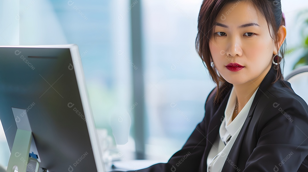 Uma empresária asiática chique com uma expressão séria trabalhando