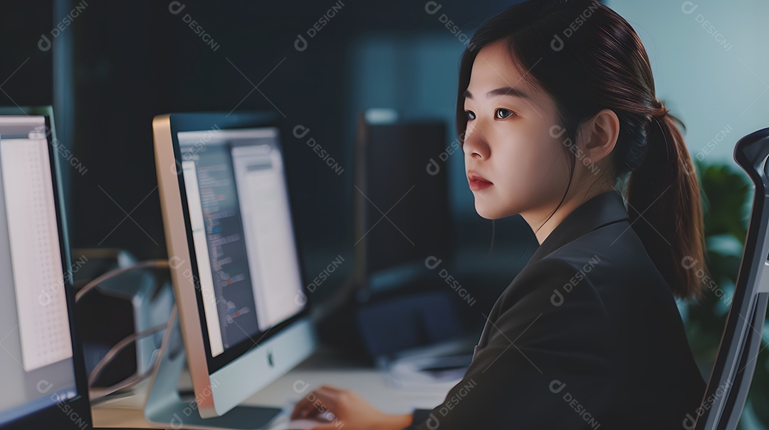 Uma empresária asiática chique com uma expressão séria trabalhando