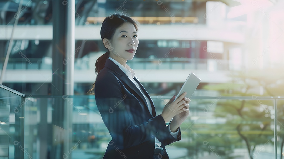 Uma empresária asiática confiante que usa tecnologia para realizar suas tarefas