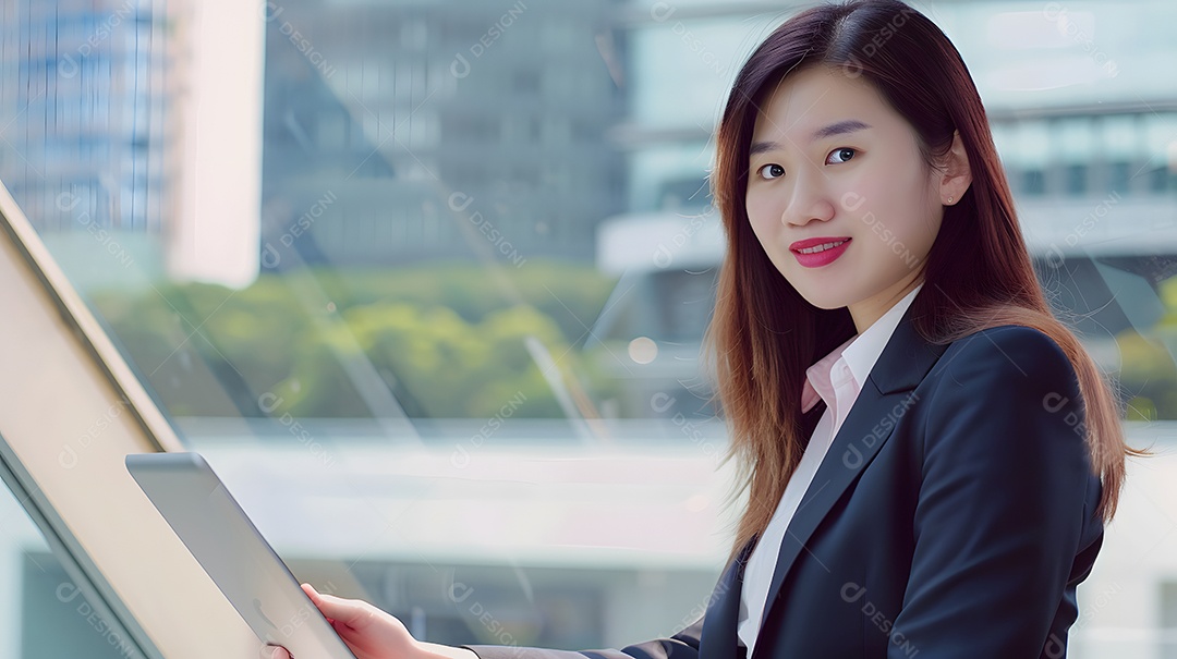 Uma empresária asiática confiante que usa tecnologia para realizar suas tarefas