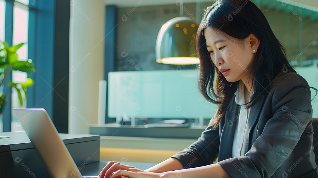 Uma determinada mulher asiática em um escritório digitando em seu laptop