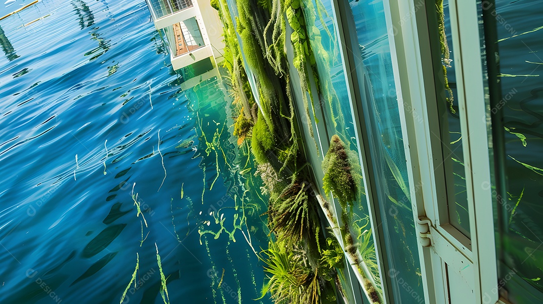 Plantas aquáticas e algas crescendo nas laterais dos edifícios inundado