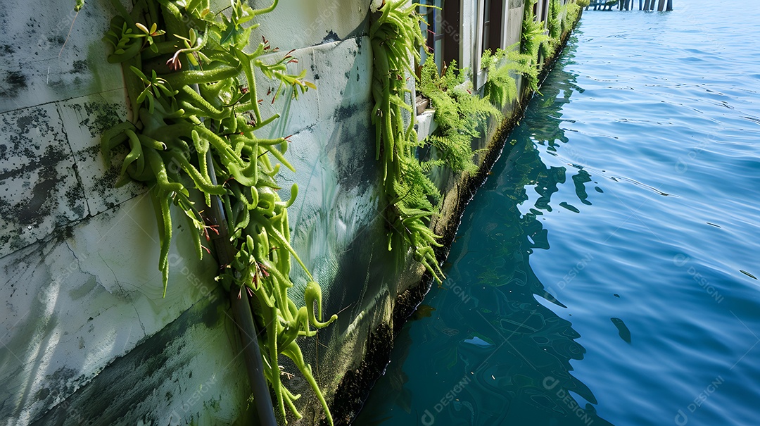 Plantas aquáticas e algas crescendo nas laterais dos edifícios