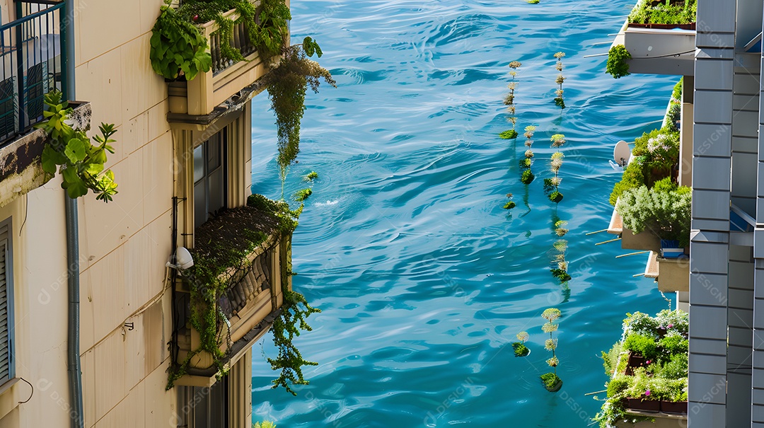 Plantas aquáticas e algas crescendo nas laterais dos edifícios