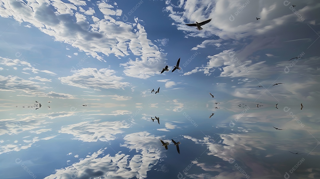 Pássaros voando acima seus reflexos espelhados na água abaixo