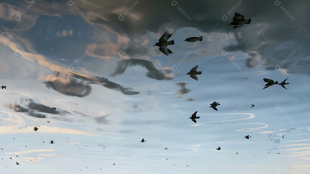 Pássaros voando acima seus reflexos espelhados na água abaixo