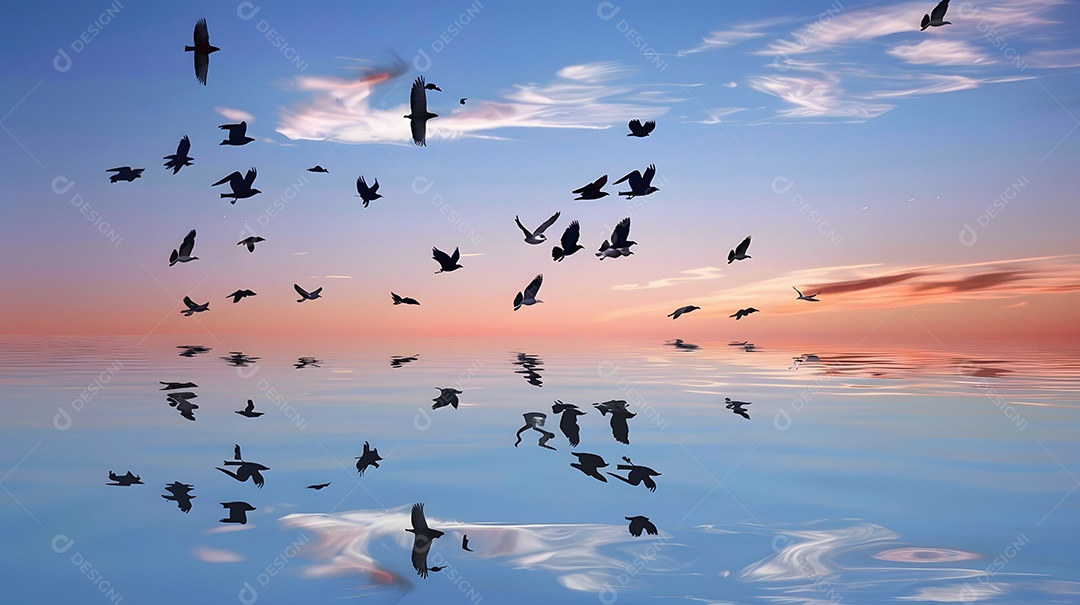 Pássaros voando acima seus reflexos espelhados na água abaixo